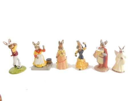 Various Royal Doulton Bunnykins figures, to include Flamenco Bunnykins, 10cm high, etc., printed marks beneath. (6)