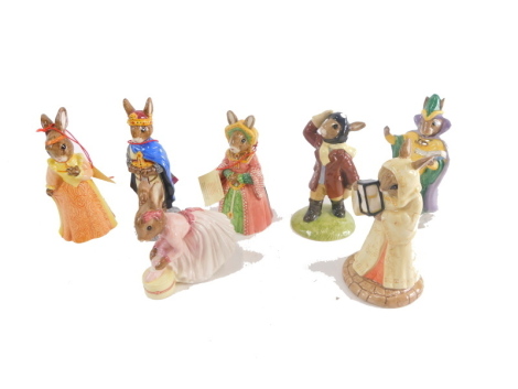 Various Royal Doulton Bunnykins figures, to include Sands of Time Bunnykins, 13cm high, Mystic Bunnykins, Jane Seymour, Juliet, and various others, printed marks beneath. (7)