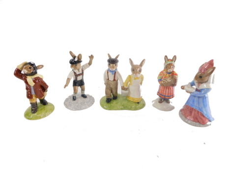 Various Royal Doulton Bunnykins figures, Tyrolean Dancer Bunnykins, 13cm high, Summer Lapland, etc., printed marks beneath. (5)