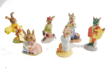 Various Royal Doulton Bunnykins figures, to include Easter Parade Bunnykins, 12cm high, Bedtime Bunnykins, etc., printed marks beneath. (6)