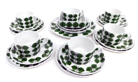 A Gustavsbergs Bersa Swedish pattern part tea service, designed by Stig Lindberg and Krister Karlmark to include square serving dish, 13cm wide, plate, side plates and cups, part settings for six, printed marks beneath. (a quantity)