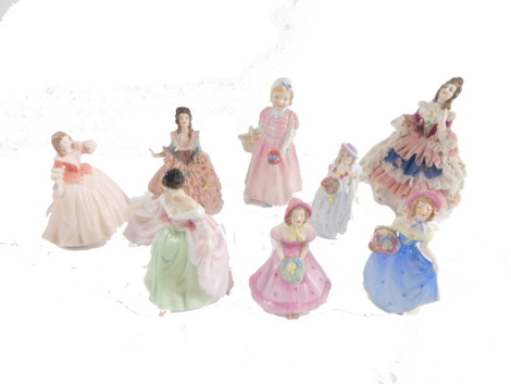 Various Royal Doulton and Coalport figures, to include Tinkle Bell HN1677, 13cm high, various other Ladies Coalport, Jessica, other miniature Coalport figures, Royal Doulton Sara, Continental crinoline ladies, other Royal Doulton, etc. (a quantity)