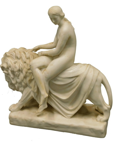 A Minton style Parian figure group of Una And The Lion, by John Bell, on naturalistic base, handwritten number beneath, raised name and diamond registration mark to the body, 30cm high. (AF)