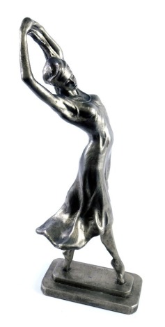 After Muci. Art Nouveau figure of a ballet dancer with raised arms, on a stepped base marked Austin Prod Inc 1987, silver patternation, 57cm high.