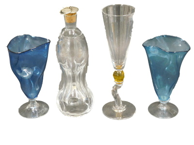 A Lindshammer Swedish glass spirit decanter and stopper, a pair of blue Scandinavian style stemmed glass vases, indistinctly signed and another signed vase (4)