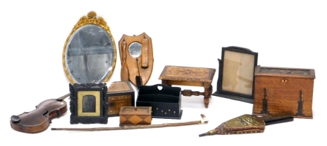 Various bygones, a hand mirror, shoe shine hanging mirror, desk tidy, small stool, 32cm wide, leather fire bellows, etc. (a quantity)