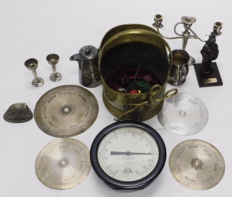 A Negretti and Zambra London NZ dial in black case 26cm diameter, a copper coal helmet, various other copper, brassware, plated three branch candelabrum, etc. (a quantity)