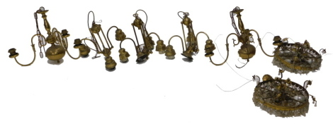 A pair of three branch hanging wall lights, 34cm high, etc. (a quantity)