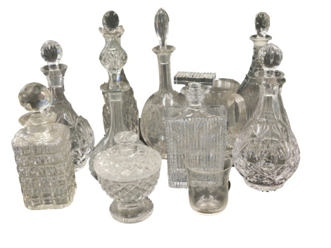 Various glass decanters, a matched pair and others, lidded bonbon basket with a repeat hobnail cut decoration of lattice design, 19cm high, various other glassware, decanters, etc. (a quantity)