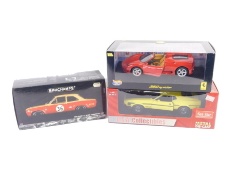 Three various boxed diecast cars, to include Minichamps model Escort ITC.GP.DER Tourenwagen. 1968, 1:18 scale, 25cm wide, Hotwheels Ferrari 360, etc. (3, boxed)