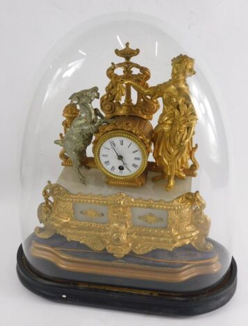 A 19thC gilt metal mantel clock, the 8cm diameter Roman numeric dial flanked by goat and classical figure holding wheat, on a highly elaborate marble base with scroll feet, under glazed dome, the clock 36cm high, with ebonised stand and a further stand. (