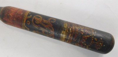 A Victorian painted truncheon, marked VR surmounted by a crown, with South Holland crest, with turned handle and leather strap, 45cm long. - 2