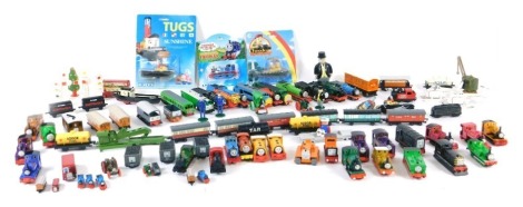 Various Ertl Thomas the Tank Engine diecast unboxed trains, etc., Tugs Sunshine Ertl blister pack boat, 6cm high, two further Ertl blister packs, other Thomas the Tank Engine toys, wind up Fat Controller, etc. (a quantity)