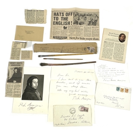 Pietro Annigoni OMRI (1910-1988). Three paintbrushes, gifted by the artist to Lieutenant Colonel Bertram Laight of the Salvation Army, with associated newspaper cuttings and ephemera.