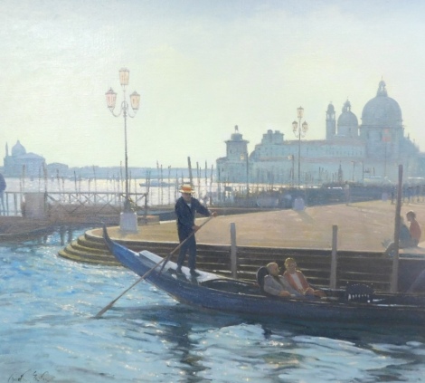 Timothy Easton (b.1943). Bringing the gondolas to the square, oil on canvas, signed and dated 2002, 51cm x 51cm. Langham Fine Art label verso.