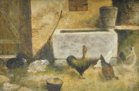 19thC Naive School. Chickens and rabbits, oil on board, unsigned, 16cm x 23cm.