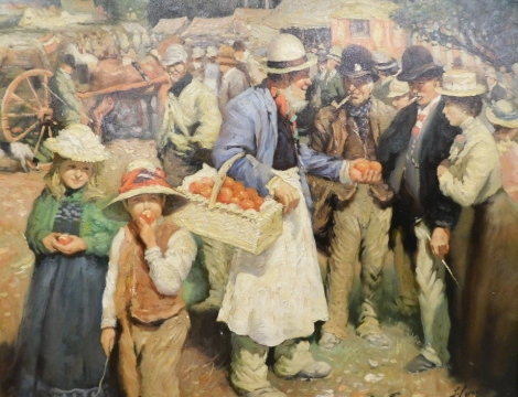 Manner of Jules Bastian-Lepage. Street scene, fruit seller, children and further figures, with horse and cart in the distance, oil on canvas, signed, hand written figure £250, other stamped numbers verso, 57cm x 60cm.