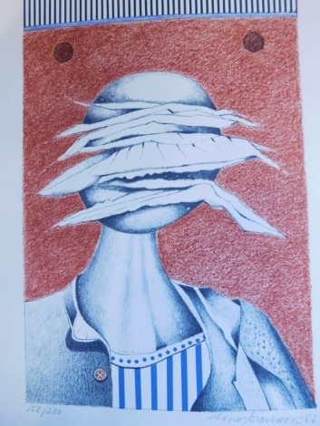 Uno Svensson (1929-2012). Surrealist portrait, artist signed limited edition print number 158/200, 29cm x 19cm, a further print Hanging Mannequin Baby, book Uno Svensson hardback with dust jacket, and other ephemera. (a quantity)