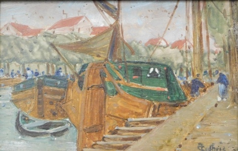 James Guthrie (1859-1930). Fishing boats entering harbour, oil on board, signed, 13.5cm x 21.5cm.