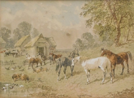 Manner of Herring (19thC School). Farm animals, horses, pigs, and chickens, before huts and trees, watercolour bearing signature, 20cm x 26cm.