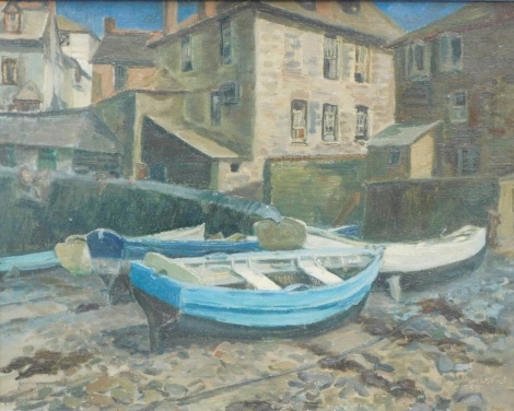 Joan Oxland (1920-2009). Rowing boat before houses, oil on canvas, signed and dated 1955, 40cm x 50cm.