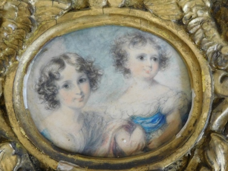 19thC English School. Figures of girls, watercolour, 9cm x 11cm, another portrait of a lady and another lady and child triptych, watercolour, unsigned, 23cm x 51cm.