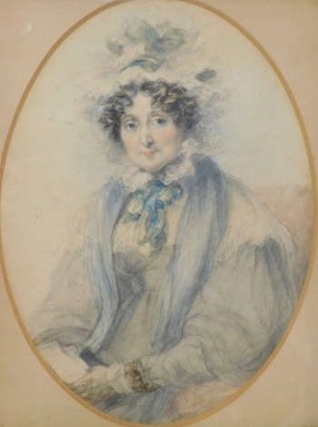 19thC English School. Portrait of a lady, quarter profile, watercolour, unsigned, 24cm x 15cm.