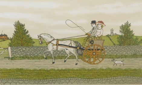 Vincent Haddelsey (1934-2010). Figures in trotting carriage with dog on path, artist signed coloured lithograph numbered 6/100, 17cm x 30cm.