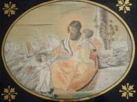 A Regency oval silkwork and painted panel depicting a young girl gathering sticks