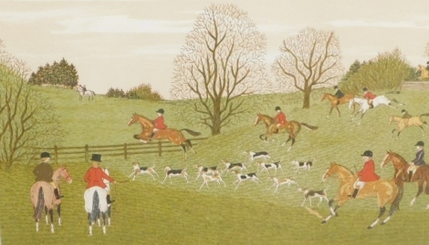 Vincent Haddelsey (1934-2010). Hunting figure jumping fence with hounds, further figures and trees, artist signed lithograph number 17/25, marked EA, 19cm x 29cm.