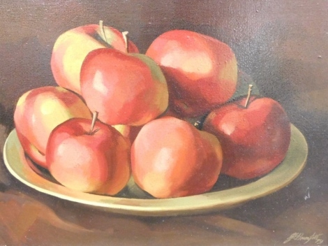 George Edward Brumfitt, (b.1917) Still life plate of apples, oil on canvas, signed, indistinctly attributed and dated (19)79 verso, 25cm x 35cm.