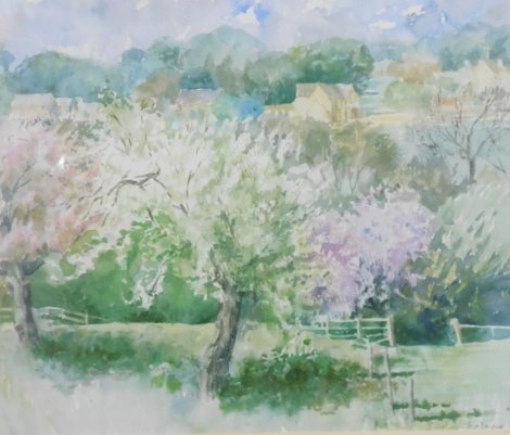 Shirley Chalmers (20thC). Orchard, watercolour, signed, label verso, 37cm x 41cm.