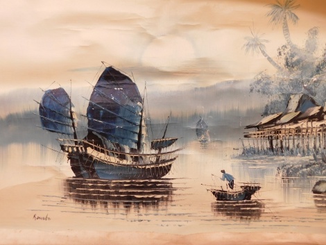 Raisbo (20thC). Japanese landscape, boats on calm waters, 47cm x 66cm. (unframed)