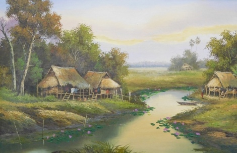 Fin (20thC). Vietnamese scene, calm stream before hills, oil on canvas, signed, 51cm x 74cm.