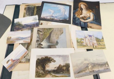 A folio of various watercolours, 19thC and others, ship before hills, unsigned, watercolour, 15cm x 25cm, and a quantity of various others, some in a similar hand, continental, world tour and other scenes, various other watercolours, unsigned, but of hig