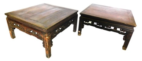A composite pair of Chinese hardwood coffee tables, each with a cleated square top, a pierced carved gallery, on shaped legs, 51cm high, 95cm wide. and three others. (5)