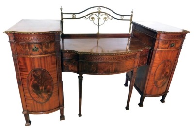 A late 19th/early 20thC Adam revival mahogany sideboard, the stepped top with a shaped centre section, gadrooned borders, and a part brass gallery decorated with acanthus beads, patera, etc., on part turned supports with turned finials, the base with a fr