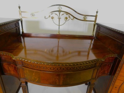 A late 19th/early 20thC Adam revival mahogany sideboard, the stepped top with a shaped centre section, gadrooned borders, and a part brass gallery decorated with acanthus beads, patera, etc., on part turned supports with turned finials, the base with a fr - 2