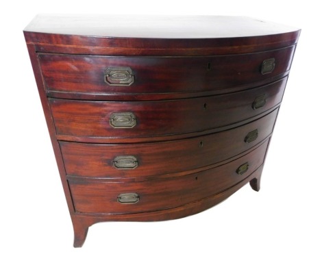 A late George III mahogany satinwood and tulipwood banded bow fronted chest of drawers, of plain form, with four graduated drawers each with rectangular handles, on splayed feet, 90cm high, 100cm wide, 55cm deep.