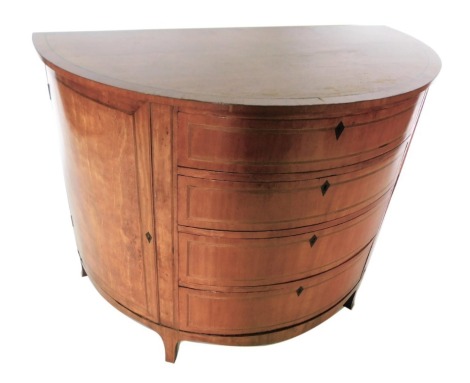 A Continental satinwood and ebony strung demi lune commode, with four graduated hardwood banded drawers, flanked by two doors, on splayed feet, 124cm wide, 93cm high.