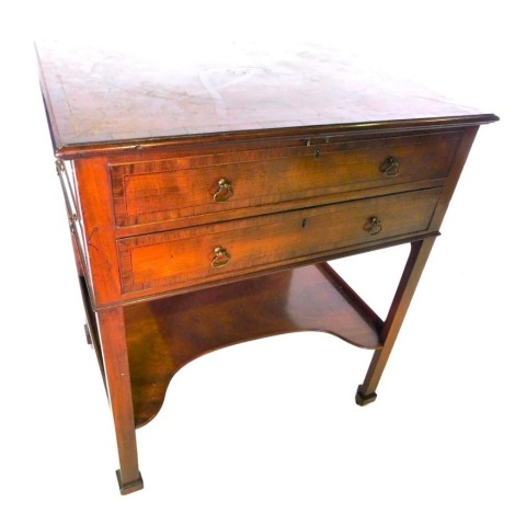 A George III mahogany gentleman's wash stand, the rectangular cross banded top inlaid with a central patera, hinged to reveal fitted compartments and an adjustable mirror, above an arrangement of six false drawers to the sides and two hinged supports for 