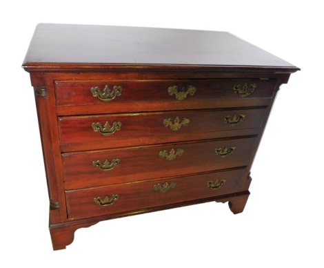 A 19thC mahogany chest of drawers, the rectangular top with a moulded edge above four graduated drawers, flanked by plain pilasters, on bracket feet, 74cm high, 86cm wide, 51cm deep.