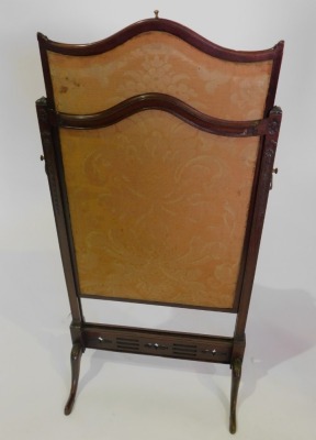 A late 19thC mahogany adjustable fire screen, with gold Damask insert, the ratchet mechanism for extending upwards, and a hinged shelf, on cabriole legs, 103cm high, 55cm wide. - 2