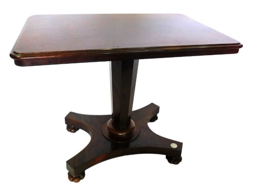 An early Victorian flame mahogany centre table, the rectangular top with thumb moulded border on an inverted octagonal column with quadraped base on low carve feet, 73cm high, the top 91cm x 59cm.