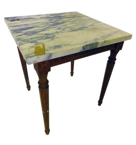 A gilt occasional or coffee table, with a variegated marble top, on fluted tapering legs, 47.5cm high, 40cm wide.