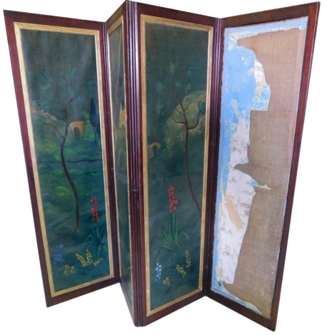 A Victorian four fold mahogany scrap screen, applied with various prints, coloured scraps, etc., 240cm x 71cm. (AF)