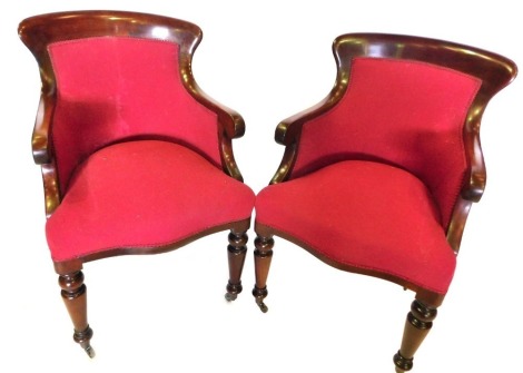 A set of ten mid 19thC mahogany show frame bergere chairs, with red upholstered padded back, seat, on turned legs with castors.