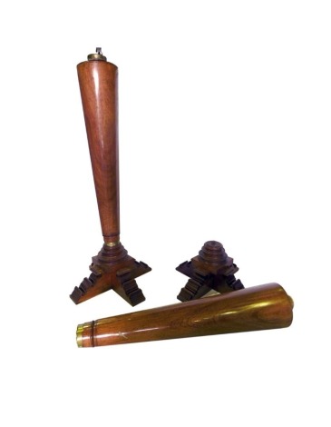 A pair of Continental walnut columns, each with a cross shaped interlocking base, an inverted tapering cylindrical centre section with brass bands, 215cm high.