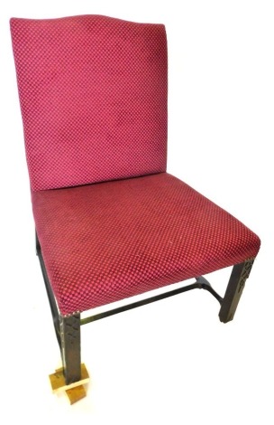 A George III mahogany side chair, with padded back and seat, blind fret carved front legs, on H stretcher. (AF, reduced in height, etc.)