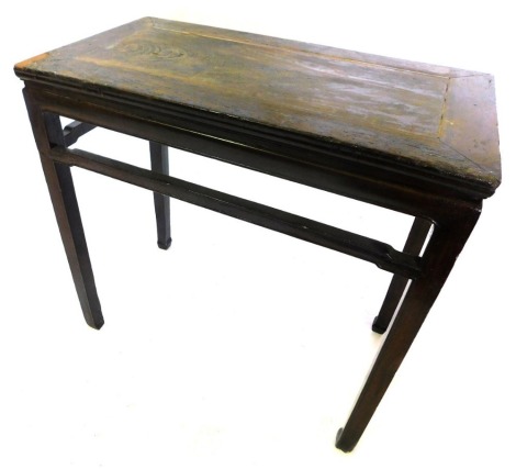 A Chinese hardwood altar type table, of plain form, on shaped legs, 86cm high, 88cm wide, 49cm deep. (AF)